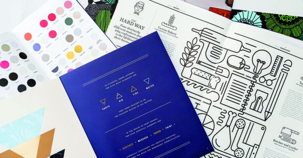 Brochures with color swatches and infographics